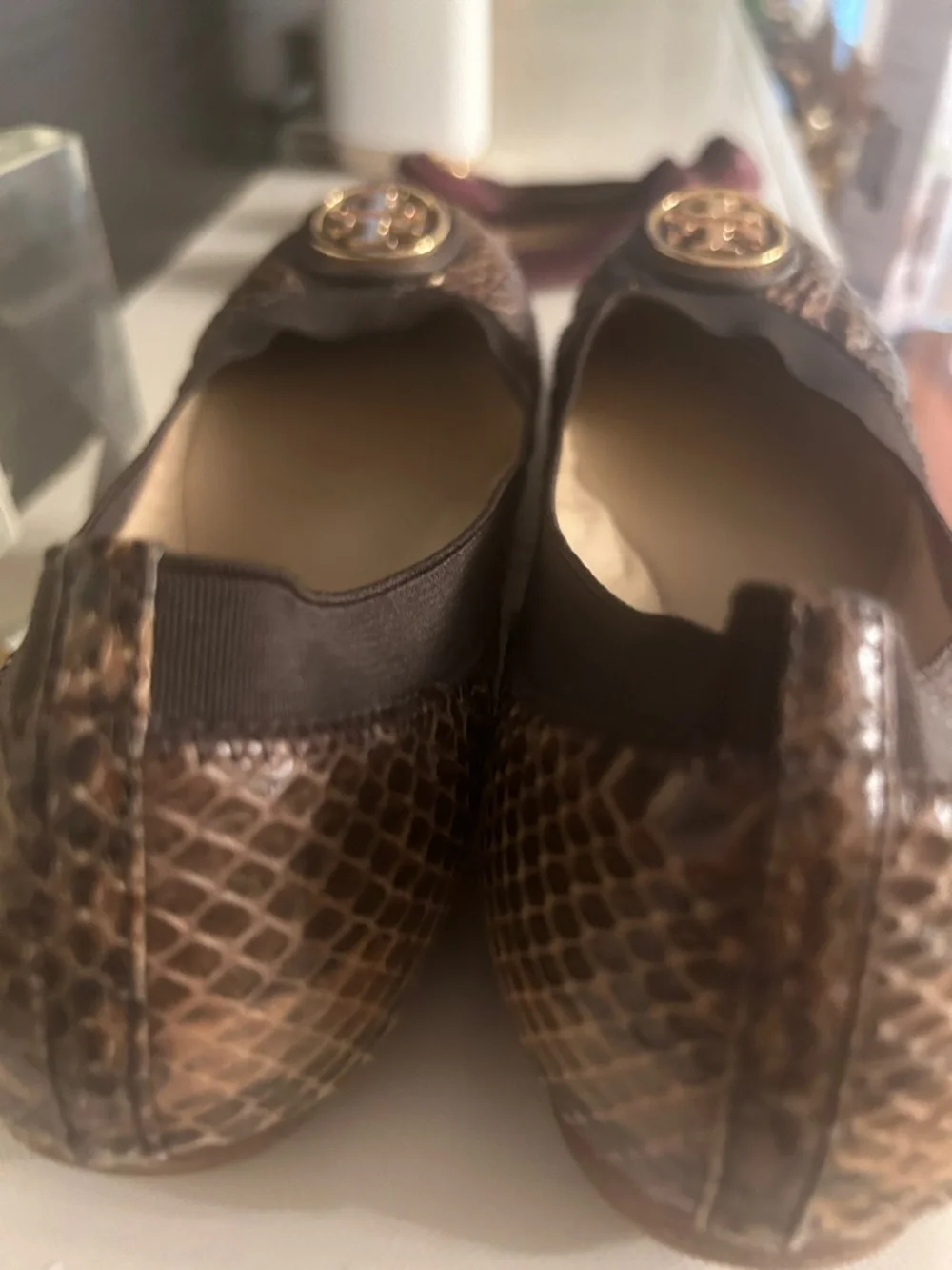 Tory Burch Brown Snake-Embossed Logo Round-Toe Flats - Picture 4 of 11